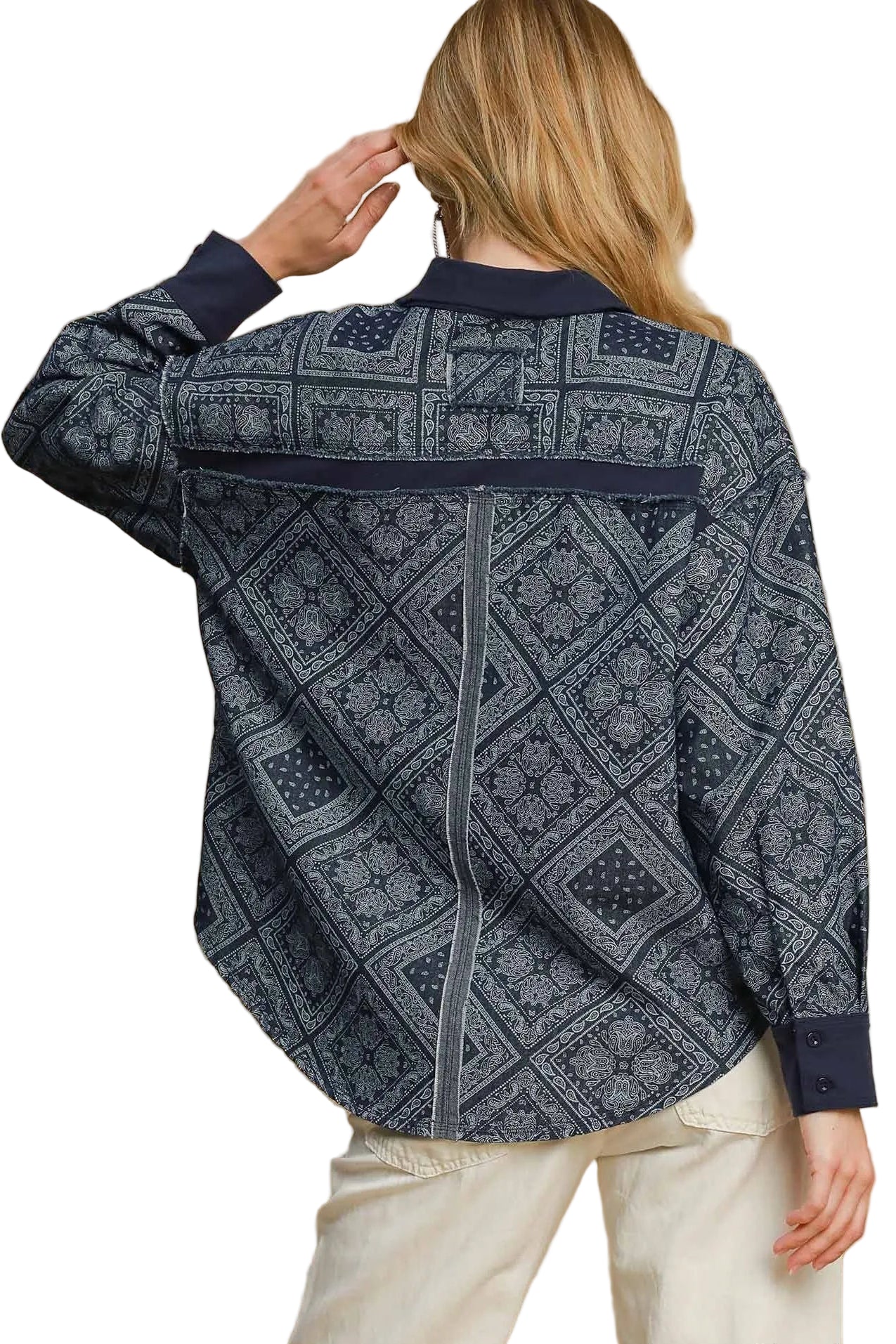 Garden Naked Womens Casual Denim Jacket Boho Bandana Print Oversized Button Down Collared Dark Blue Streetwear Top