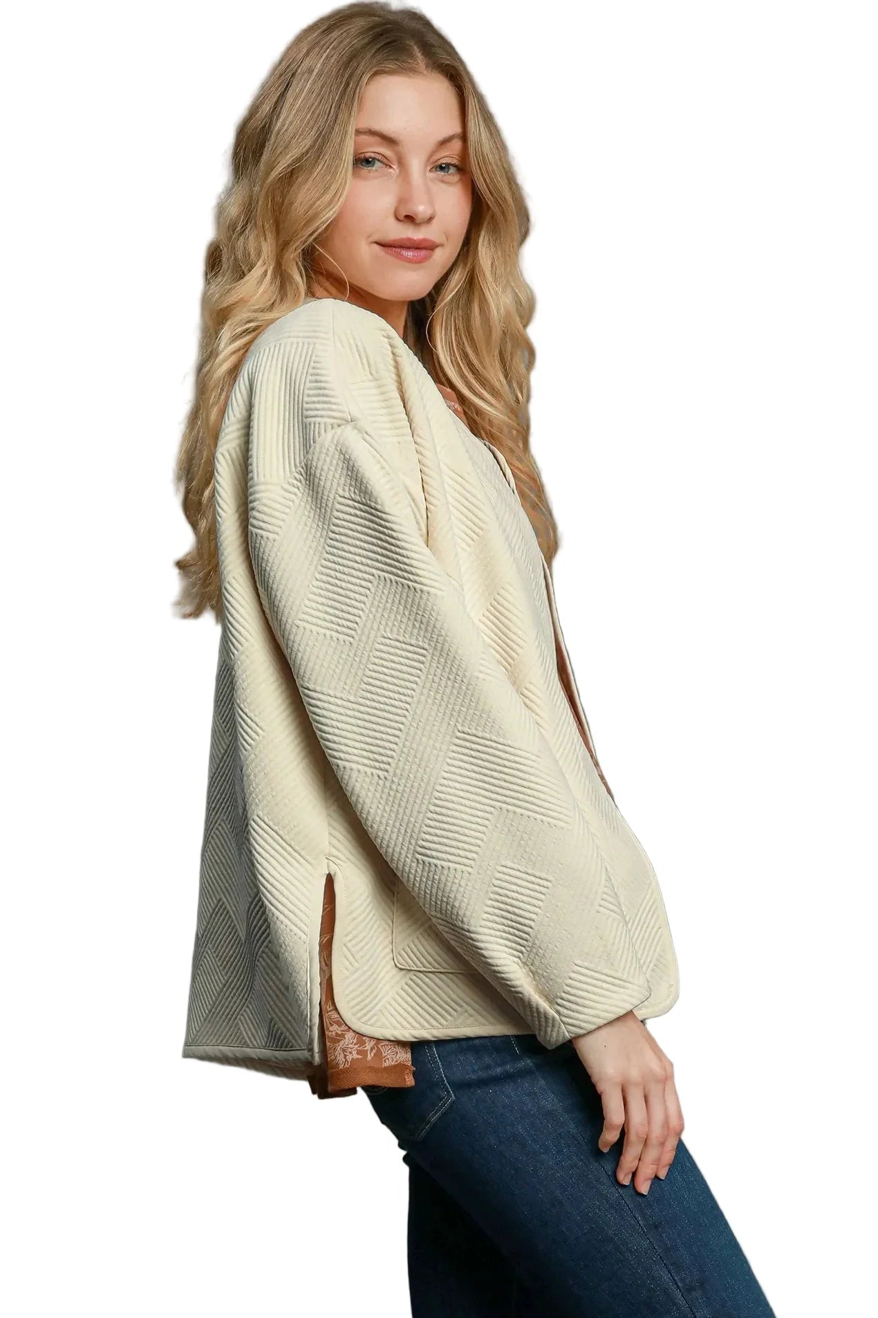 Garden Naked Womens Casual Bomber Jacket Quilted Diamond Pattern Oversized Outerwear Round Neck Long Sleeve Cream White
