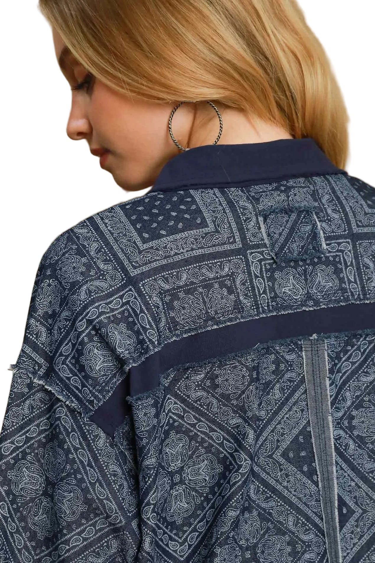 Garden Naked Womens Casual Denim Jacket Boho Bandana Print Oversized Button Down Collared Dark Blue Streetwear Top