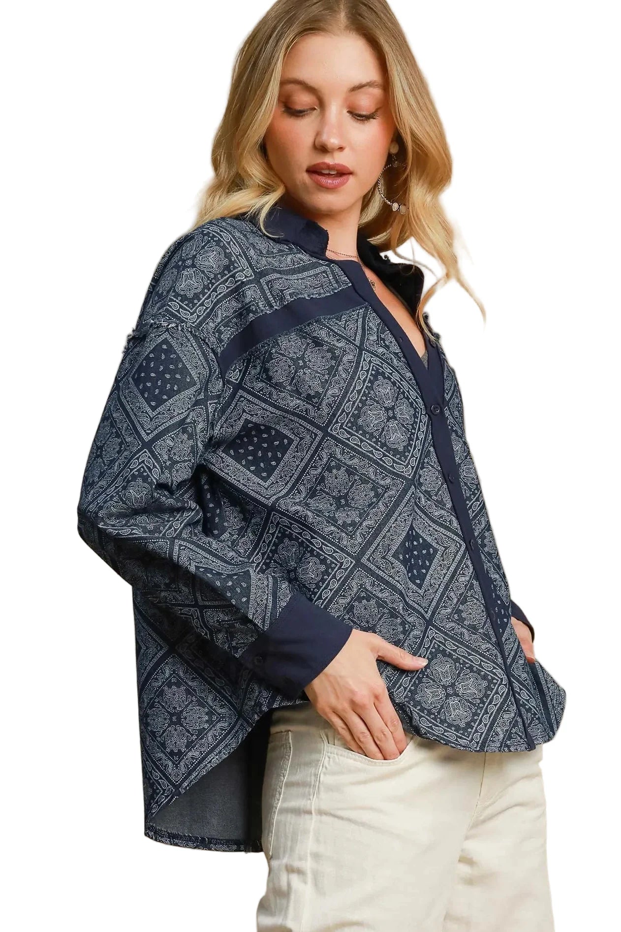 Garden Naked Womens Casual Denim Jacket Boho Bandana Print Oversized Button Down Collared Dark Blue Streetwear Top
