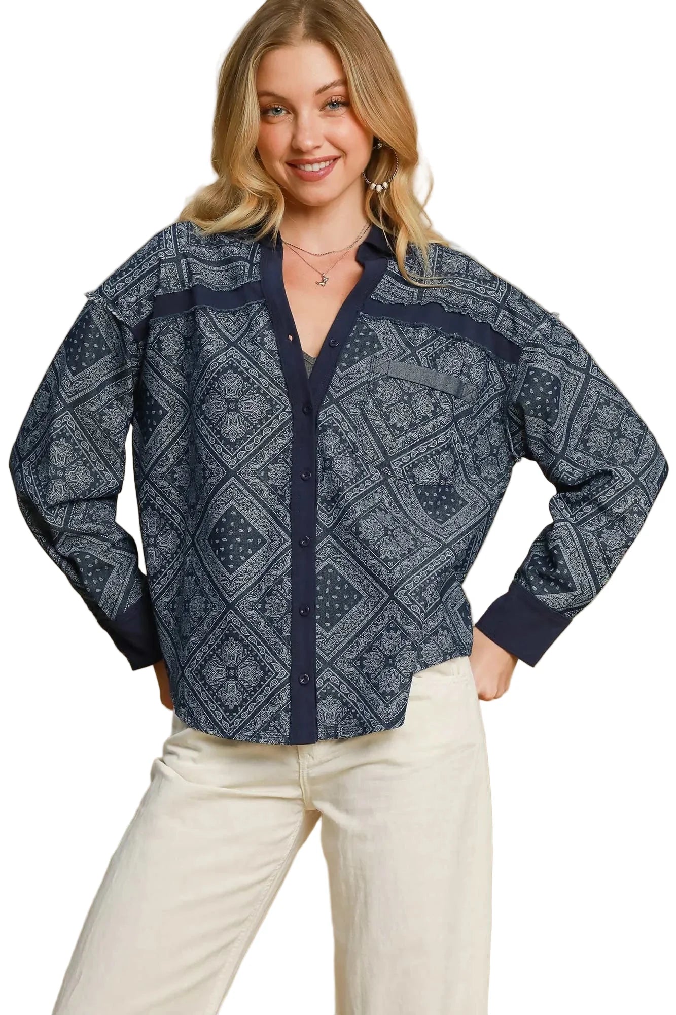 Garden Naked Womens Casual Denim Jacket Boho Bandana Print Oversized Button Down Collared Dark Blue Streetwear Top
