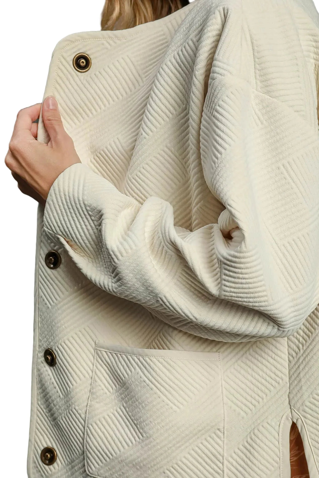 Garden Naked Womens Casual Bomber Jacket Quilted Diamond Pattern Oversized Outerwear Round Neck Long Sleeve Cream White