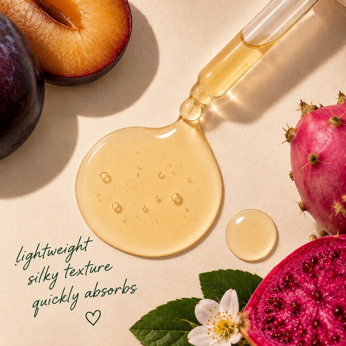 A cosmetic dropper dispensing a translucent golden-yellow serum onto a beige surface, surrounded by fruit slices and leaves. Text on the left reads 'lightweight silky texture quickly absorbs'.