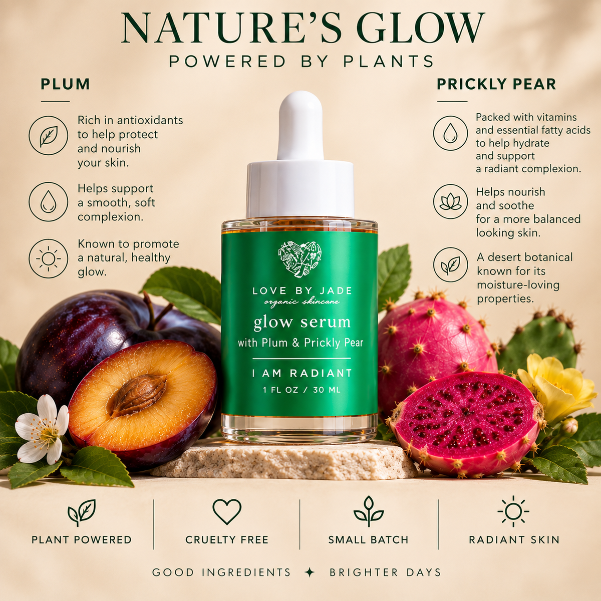 Nature's Glow Love by Jade organic glow serum bottle, featuring a green label with white text, set on a wooden block with fresh plums, dragon fruit, and flowers against a warm beige background with text overlays.