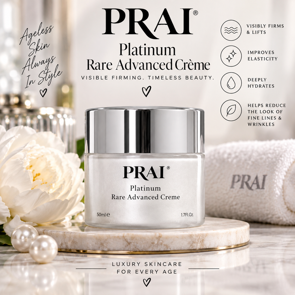 PRAI Platinum Rare Advanced Crème skincare cream jar displayed on a marble coaster with white flowers and a rolled towel in a luxury bathroom setting.