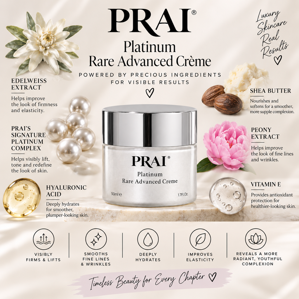PRAI Platinum Rare Advanced Crème skincare jar centered on a light cream background with surrounding beauty ingredients and text callouts. The product is a white cylindrical jar with a metallic silver lid and black text on the label.