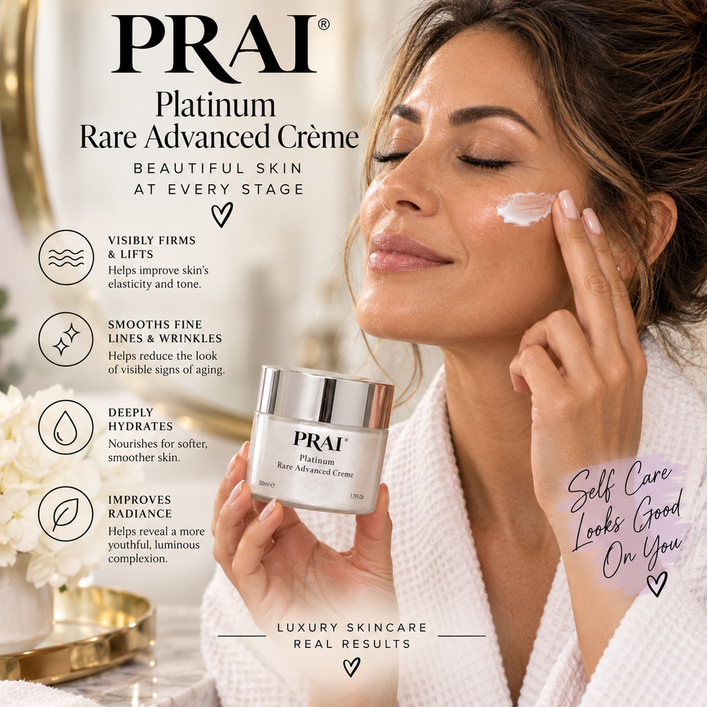 A woman in a white robe applies cream to her cheek while holding a jar of PRAI Platinum Rare Advanced Crème. The image features marketing text highlighting skincare benefits and includes the brand logo 'PRAI' prominently at the top.