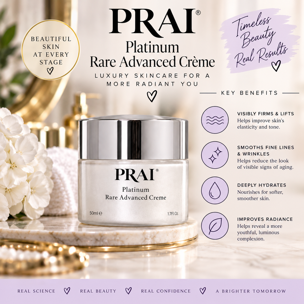 PRAI Rare Advanced Crème luxury skincare cream jar with a silver lid and white glass container, set on a marble tray with gold accents. The background is a soft-focus warm beige with decorative flowers, and the image includes promotional text and key benefits on a light purple background.