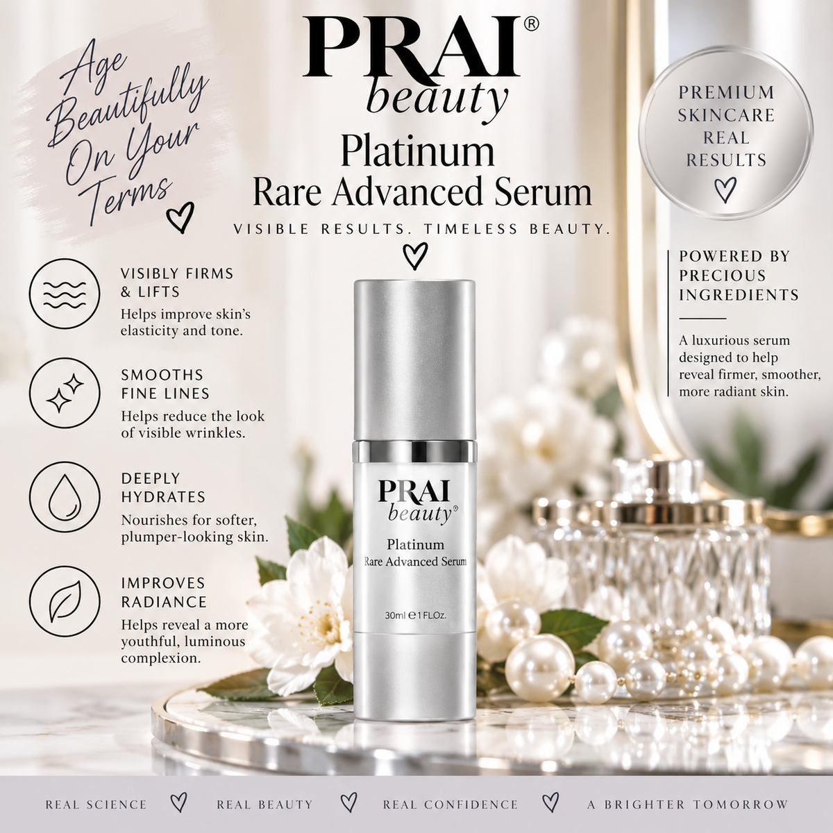 PRAI beauty Platinum Rare Advanced Serum bottle displayed on a reflective surface with decorative flowers and gold-toned accessories in the background. The image includes marketing text highlighting visible firming, fine line smoothing, hydration, and radiance benefits.
