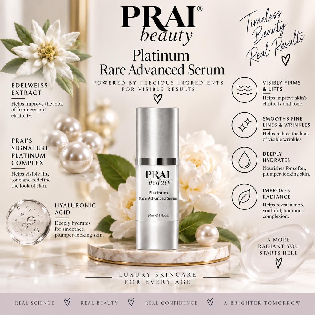 Prai Beauty Rare Advanced Serum bottle centered on a decorative skincare marketing graphic with white flowers, a gold tray, ingredient callouts, and benefit text.