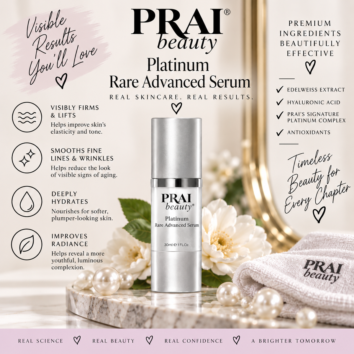 PRAI beauty Platinum Rare Advanced Serum bottle displayed on a marble surface with pearls and a folded white towel, surrounded by promotional text and icons about skin benefits.