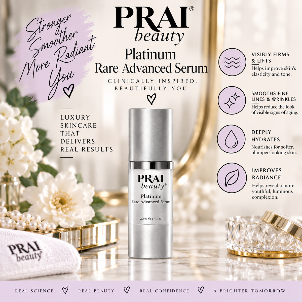 PRAI beauty Platinum Rare Advanced Serum bottle centered on a marble surface with decorative flowers and gold accessories in a bright, luxury skincare setting. Text on the image highlights product benefits and branding.