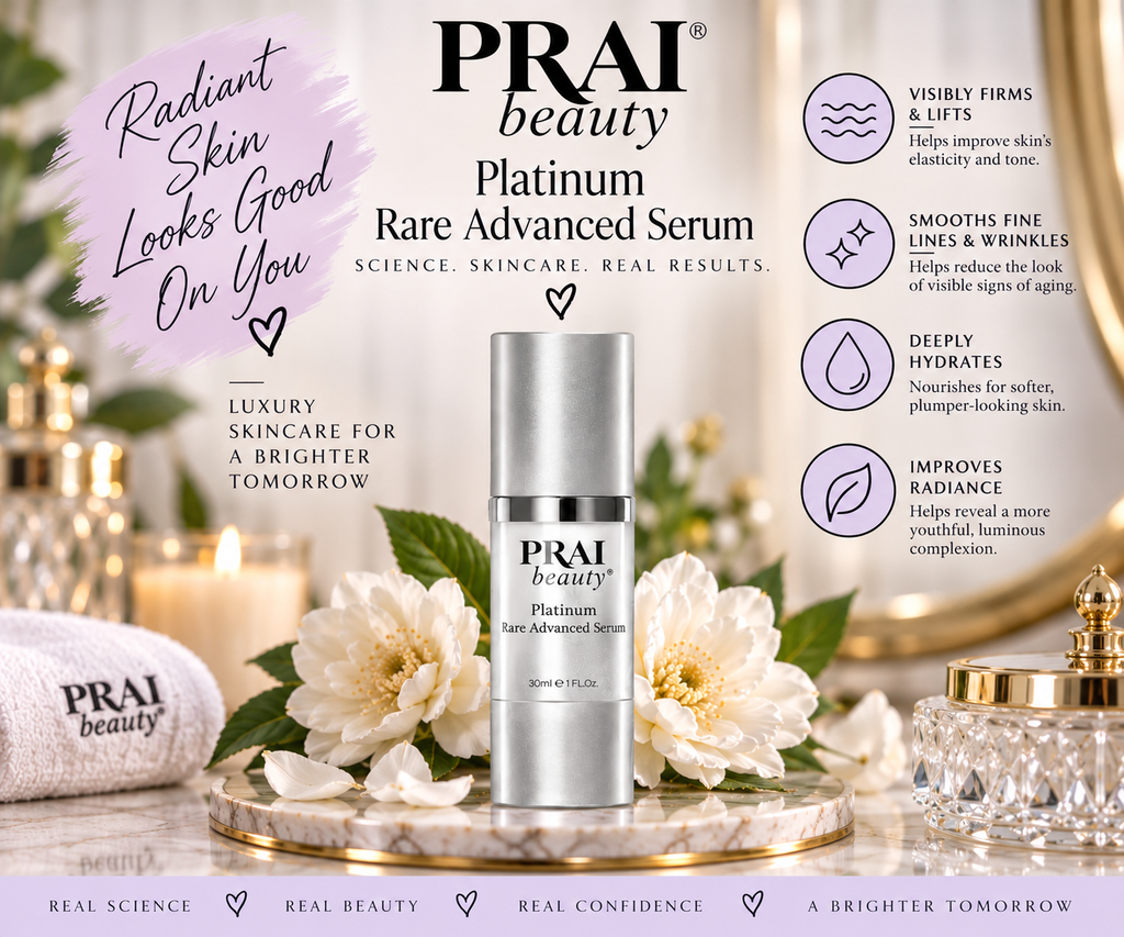 PRAI beauty Platinum Rare Advanced Serum bottle displayed on a gold tray with white flowers and a folded towel, surrounded by promotional text and icons on a warm beige background.