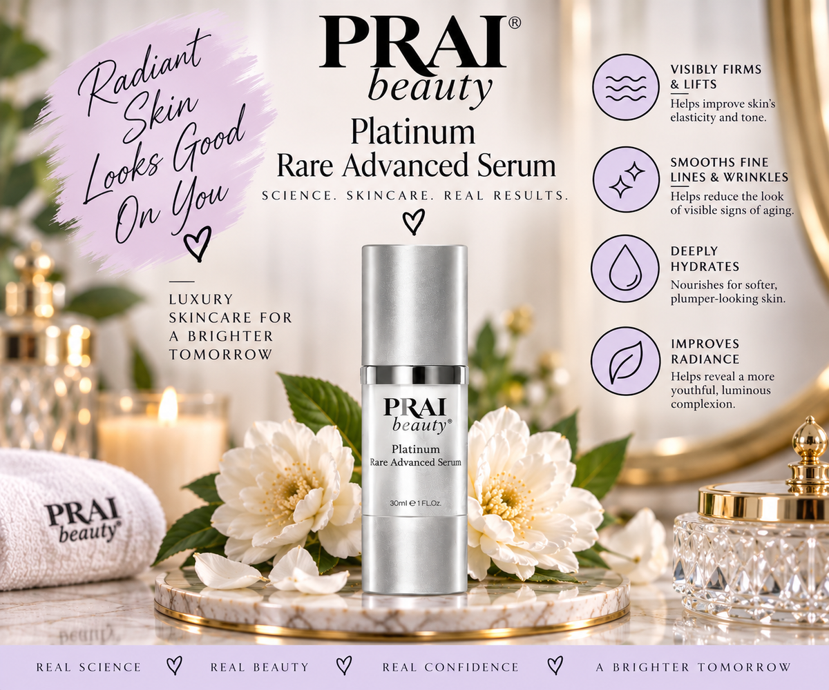 PRAI beauty Platinum Rare Advanced Serum bottle displayed on a gold tray with white flowers and a folded towel, surrounded by promotional text and icons on a warm beige background.