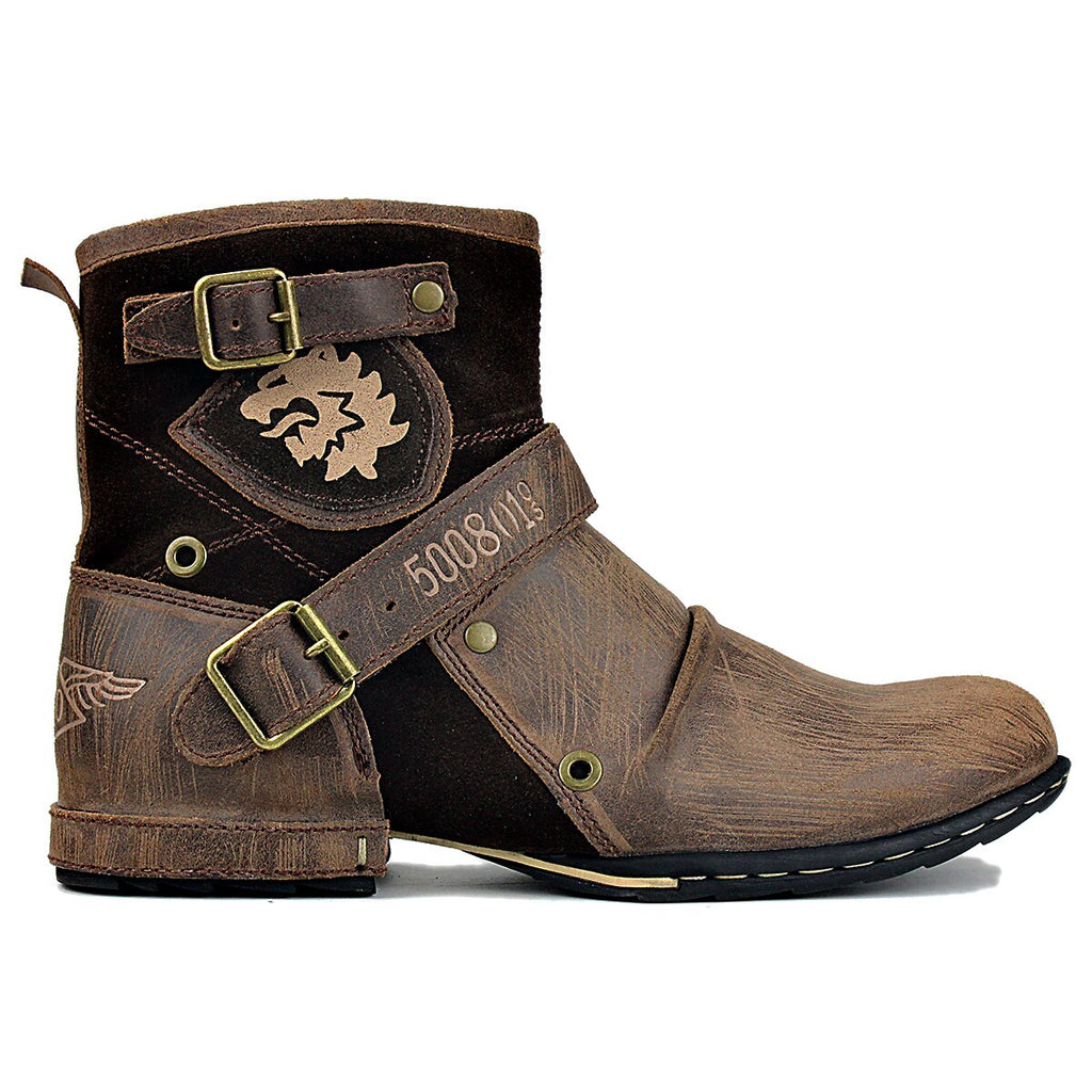 OSSTONE Moto Boots for Men Vintage Zipper-up Retro Leather Chukka Boots Distressed Rock n roll Bike Shoes Punk Boots OS-5008-1-D1