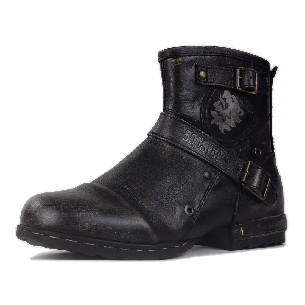 OSSTONE Moto Boots for Men Vintage Zipper-up Retro Leather Chukka Boots Distressed Rock n roll Bike Shoes Punk Boots 5008-1-BS