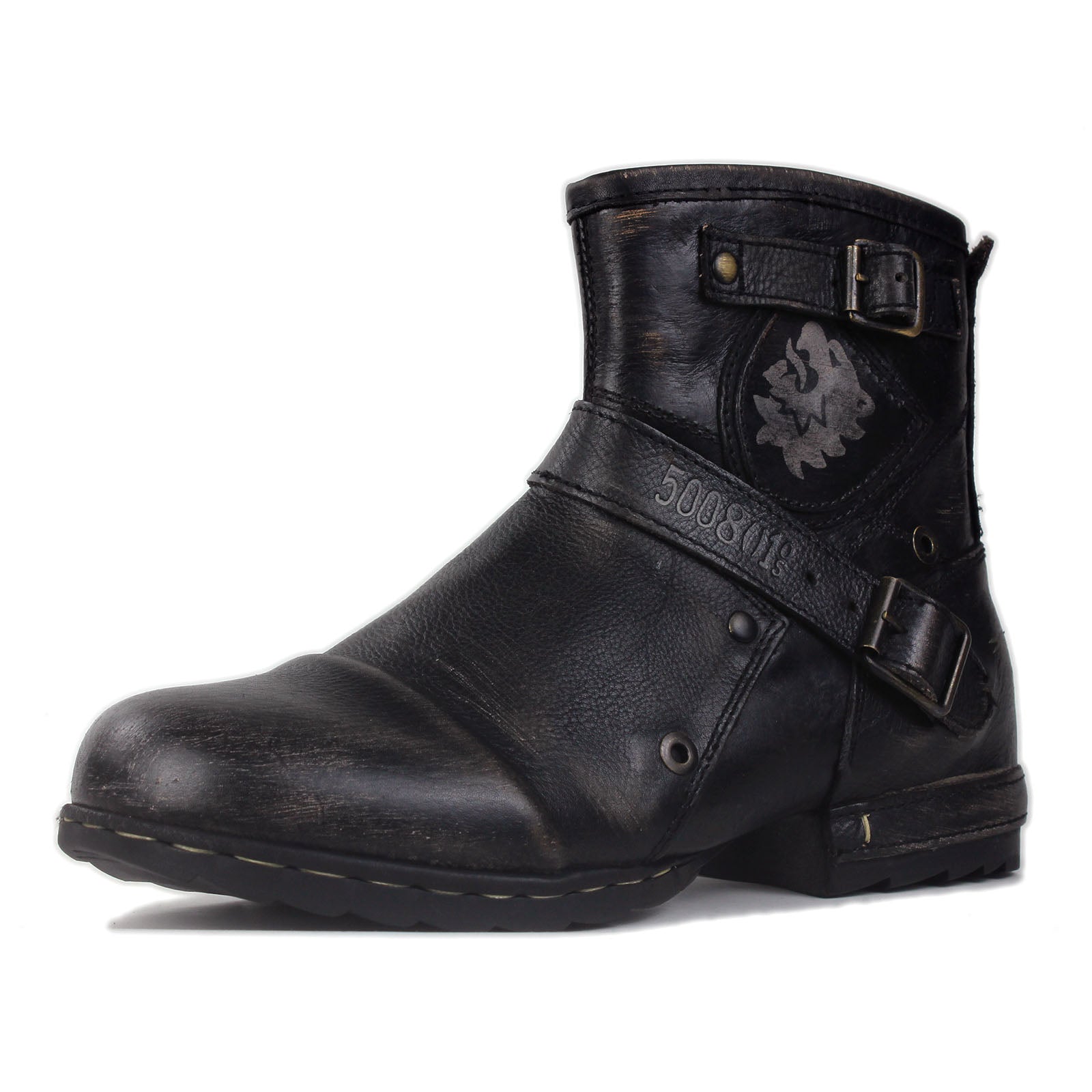 OSSTONE Moto Boots for Men Vintage Zipper-up Retro Leather Chukka Boots Distressed Rock n roll Bike Shoes Punk Boots 5008-1-BS