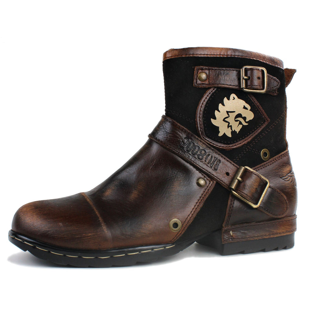 OSSTONE Moto Boots for Men Vintage Zipper-up Retro Leather Chukka Boots Distressed Rock n roll Bike Shoes Punk Boots OS-5008-1-BP
