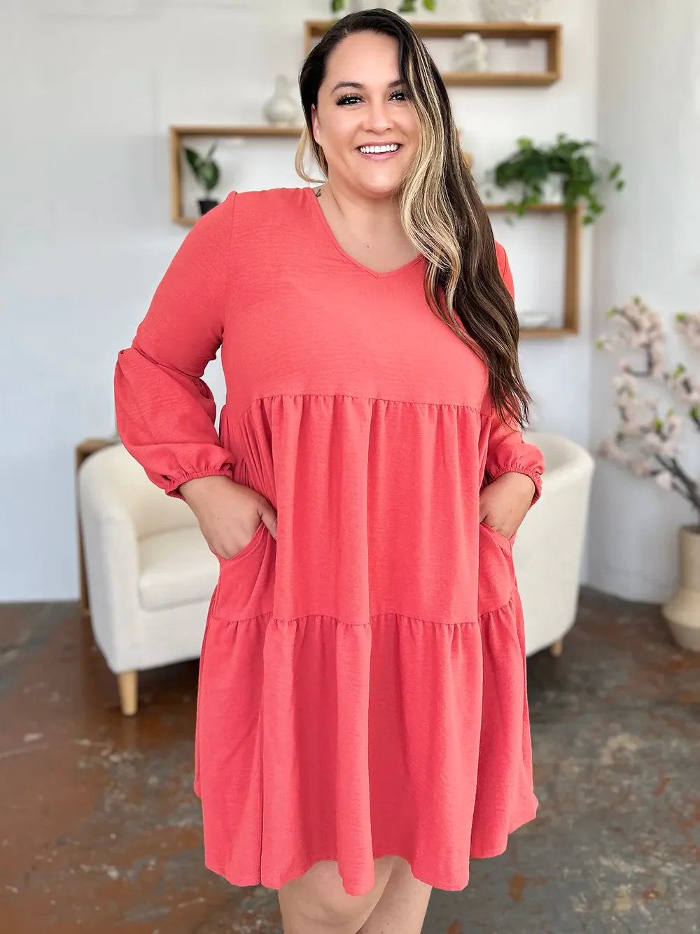Garden Naked Women's Casual Dress Babydoll Tiered Dress with Pockets Long Sleeve Ruffle Hem Soft Cotton Blend Loose Fit