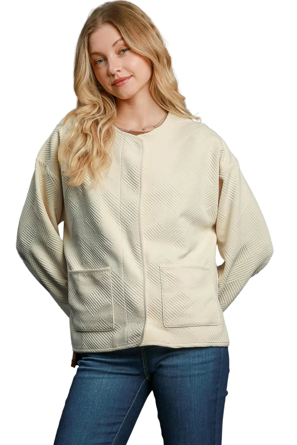 Garden Naked Womens Casual Bomber Jacket Quilted Diamond Pattern Oversized Outerwear Round Neck Long Sleeve Cream White