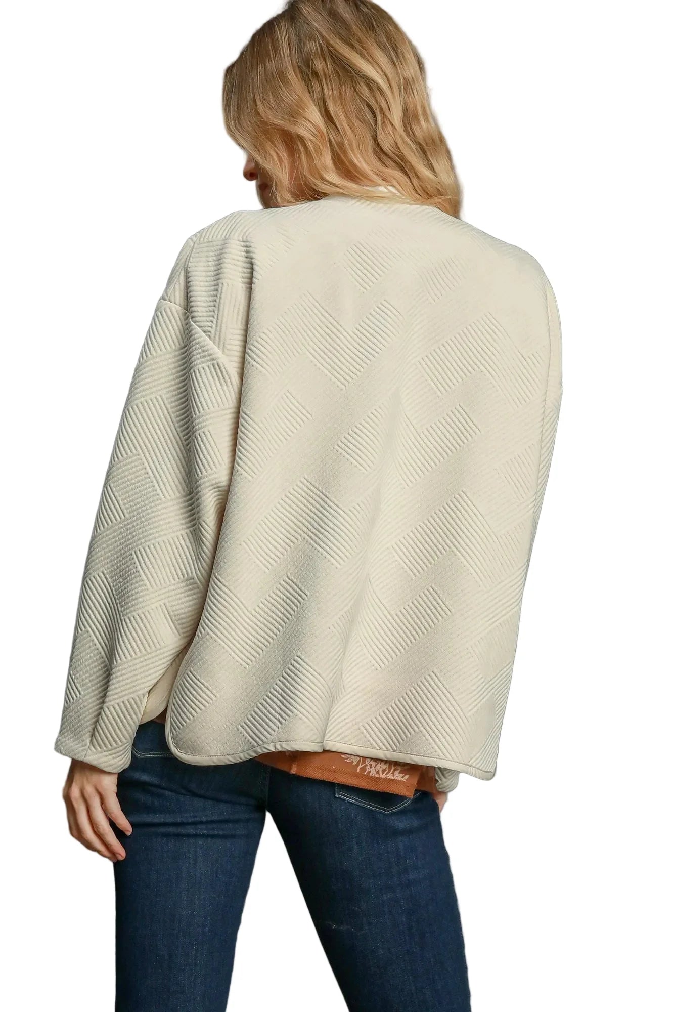 Garden Naked Womens Casual Bomber Jacket Quilted Diamond Pattern Oversized Outerwear Round Neck Long Sleeve Cream White