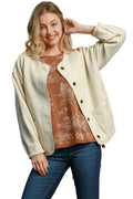 Garden Naked Womens Casual Bomber Jacket Quilted Diamond Pattern Oversized Outerwear Round Neck Long Sleeve Cream White