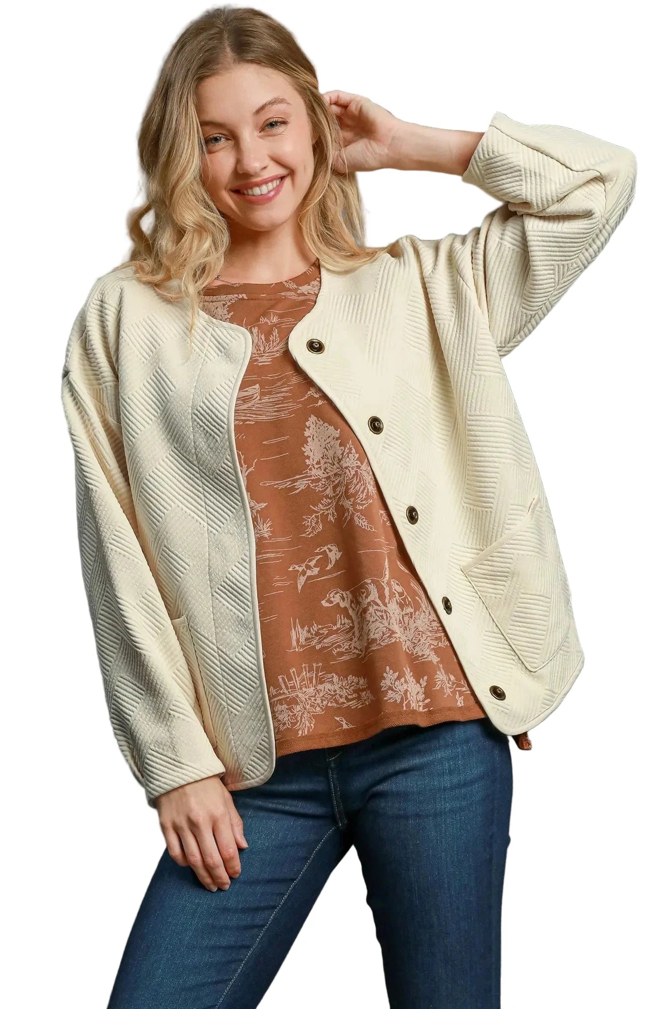 Garden Naked Womens Casual Bomber Jacket Quilted Diamond Pattern Oversized Outerwear Round Neck Long Sleeve Cream White