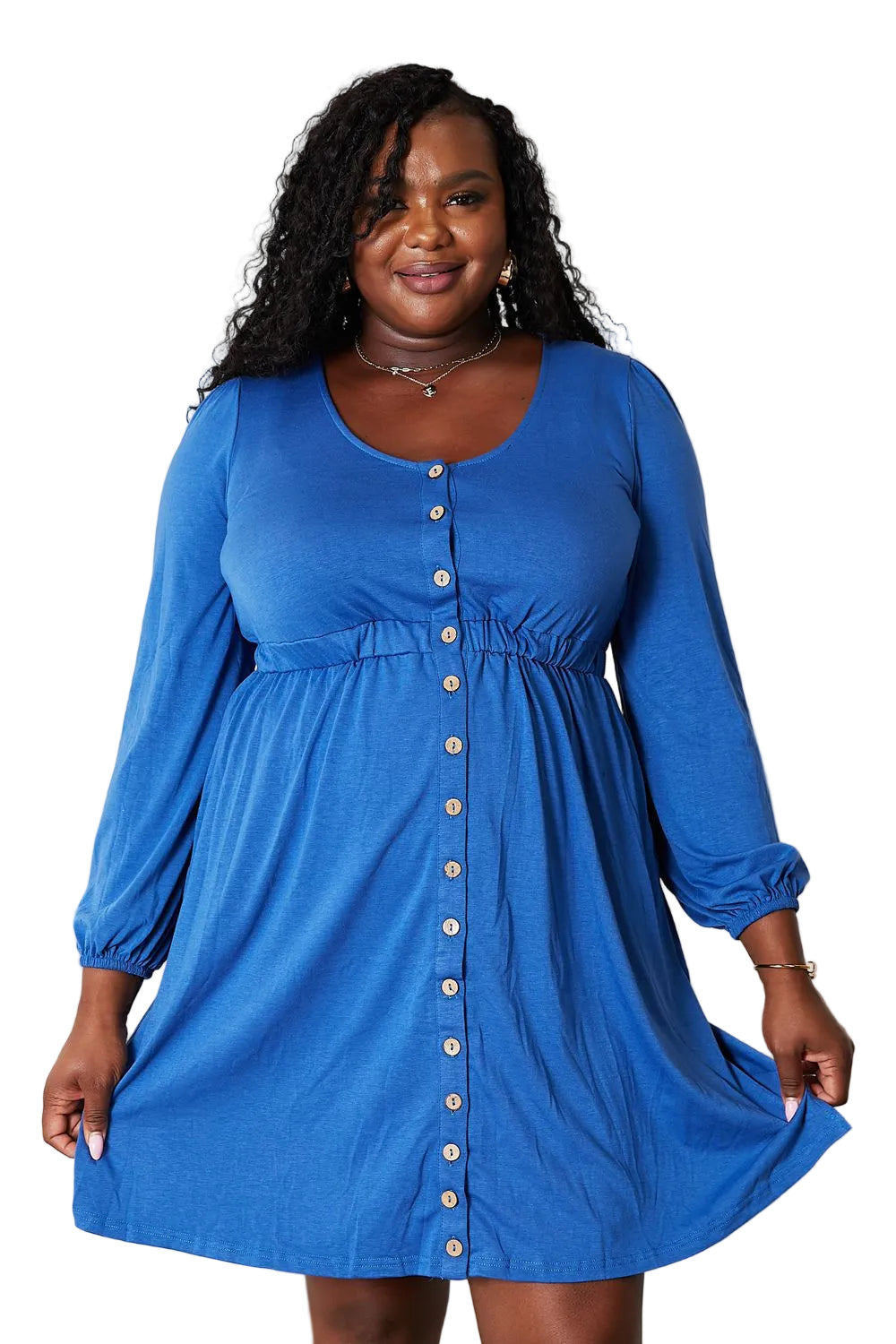Garden Naked Women's Casual Dress Button-Down Shirt Dress Blue Soft Long Sleeve Fake Button Relaxed Fit Scoop Neckline