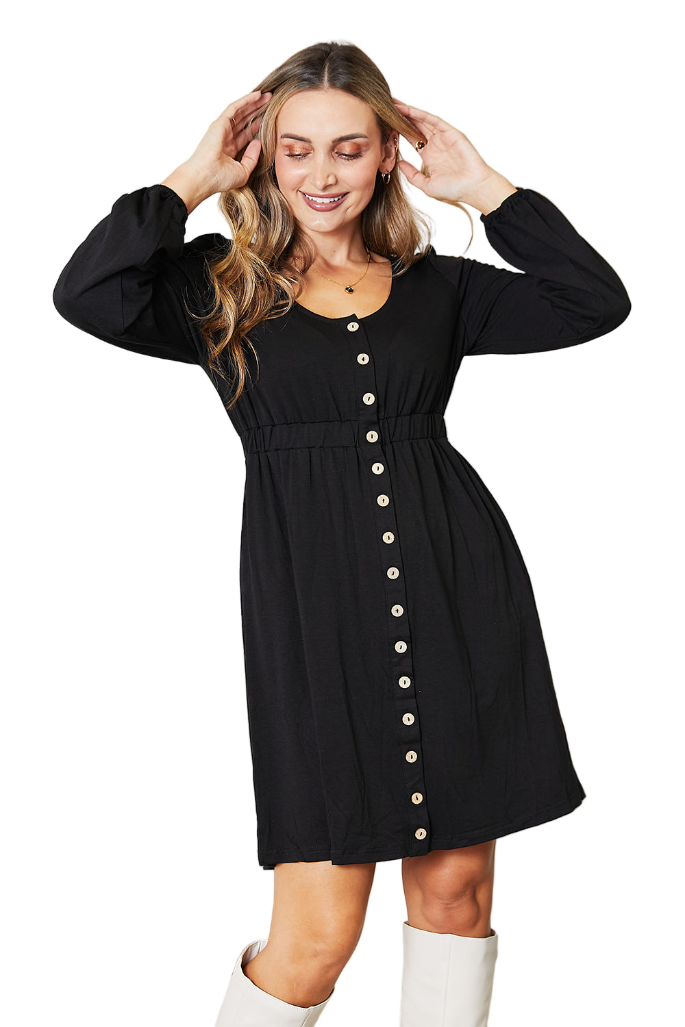 Garden Naked Women's Casual Dress Button-Down Shirt Dress Blue Soft Long Sleeve Fake Button Relaxed Fit Scoop Neckline