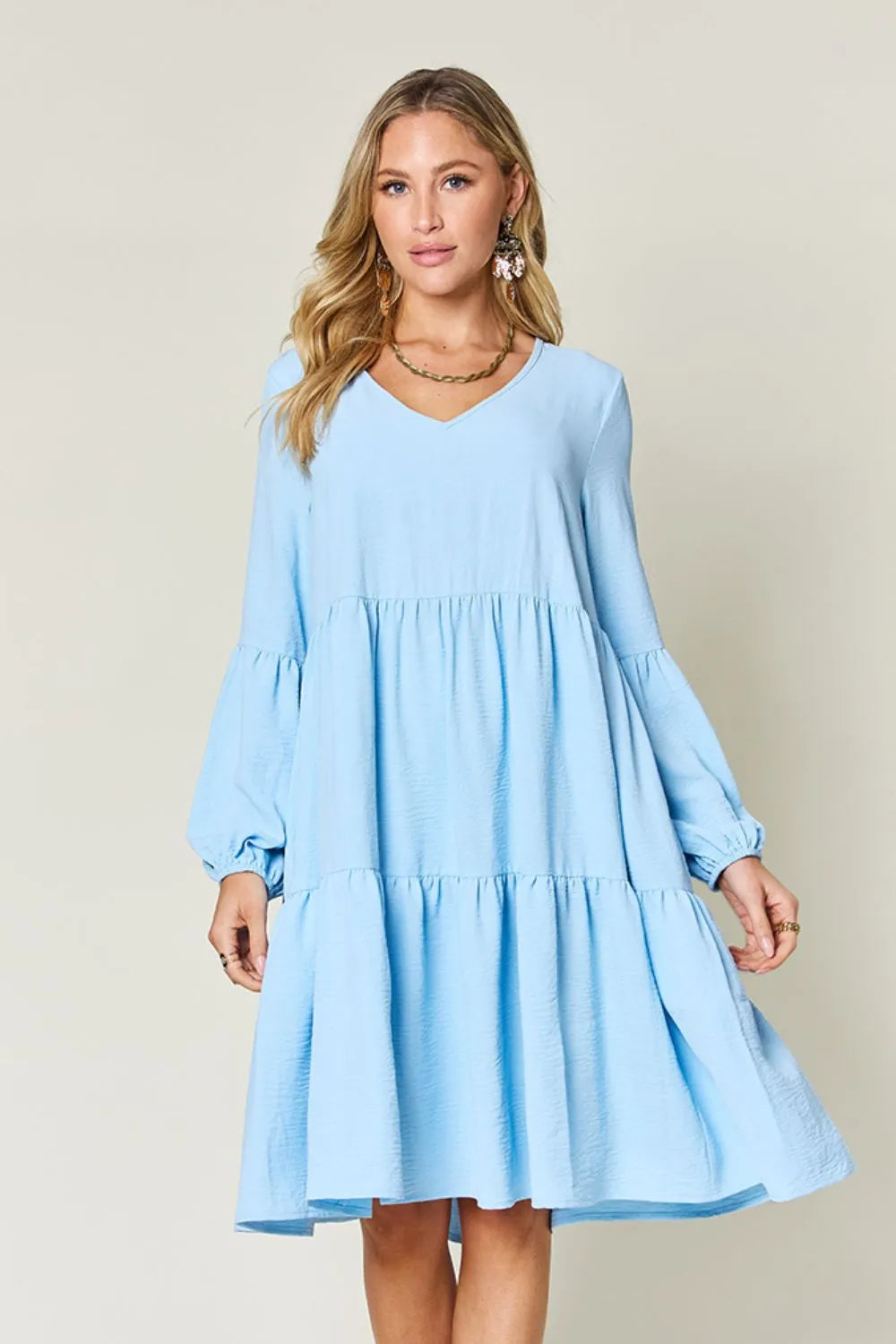 Garden Naked Women's Casual Dress Babydoll Tiered Dress with Pockets Long Sleeve Ruffle Hem Soft Cotton Blend Loose Fit