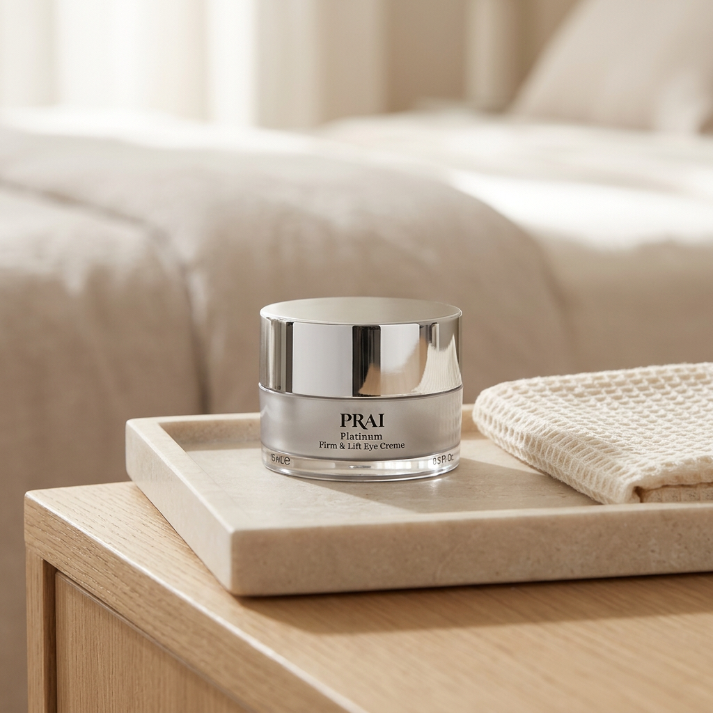 PRAI eye cream in a morning bedside scene